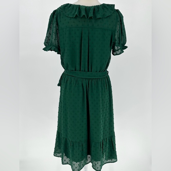 MONTEAU Green Dress Eyelets Lace Sheer Ruffle Botton/Sleeves V-Neck Belt… - Picture 3 of 11